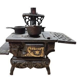 Vintage Crescent Cast Iron Miniature Toy Stove Coal Bin Soup Pot Sauce Pan